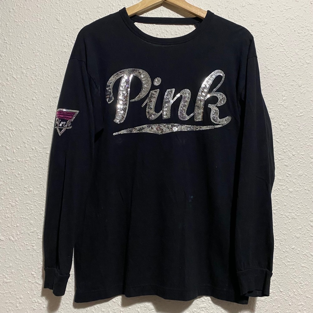 PINK Victoria's Secret Black Long Sleeve Sequin Logo Cutout Back Top XS